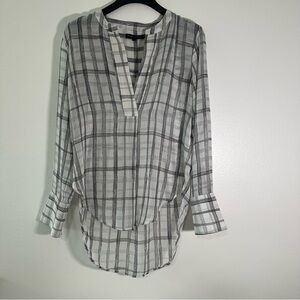 Banana Republic Plaid Blouse Women Small Gray White Tunic 3/4 Sleeve